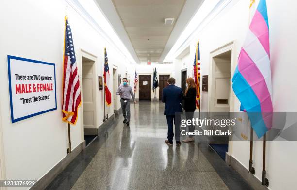 Transphobic sign was put up by Rep. Marjorie Taylor Greene, R-Ga., on Wednesday, Feb. 24 after Rep. Marie Newman, D-Ill., put up a pro transgener...