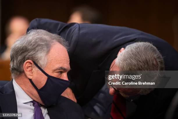 February 25: Sen. Tim Kaine, D-Va., left, and Sen. Richard Burr, R-N.C., speak during the confirmation hearings of Vivek Murthy and Rachel Levine...