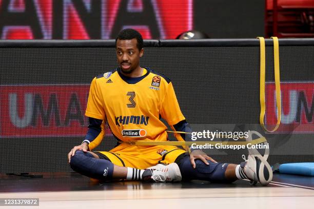 Errick McCollum, #3 of Khimki Moscow Region before 2020/2021 Turkish Airlines EuroLeague Regular Season Round 26 match between AX Armani Exchange...