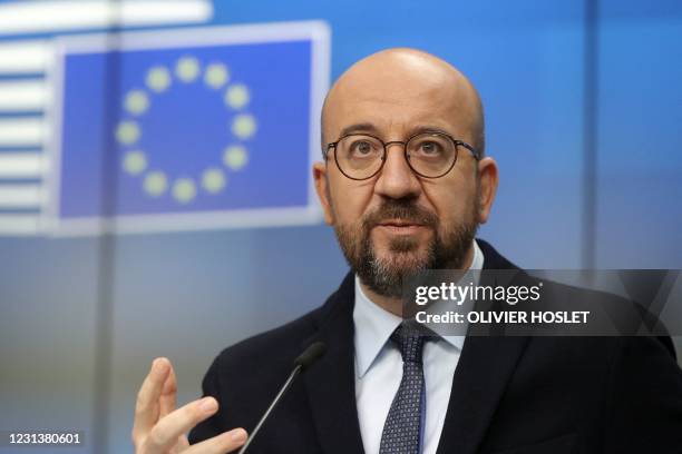 European Council President Charles Michel gives a press conference at the end of the first day of a two-days video conference of the Members of the...