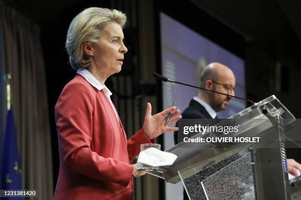European Commission President Ursula von der Leyen speaks during a joint press conference with European Council President Charles Michel at the end...