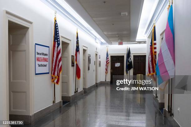 Sign posted outside US congresswoman Marjorie Taylor-Greene's, R-GA, office on Capitol Hill in Washington, DC, on February 25 in escalation of...