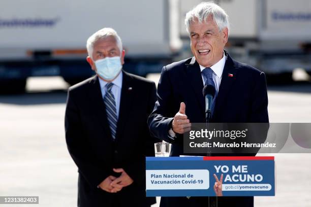 President of Chile Sebastian Piñera speaks during the arrival of two million Sinovac doses at Arturo Merino Benitez International Airport on February...