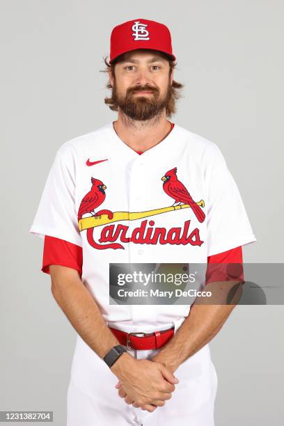 Andrew Miller of the St. Louis Cardinals poses during Photo Day on Wednesday, February 24, 2021 at Roger Dean Chevrolet Stadium in Jupiter, Florida.