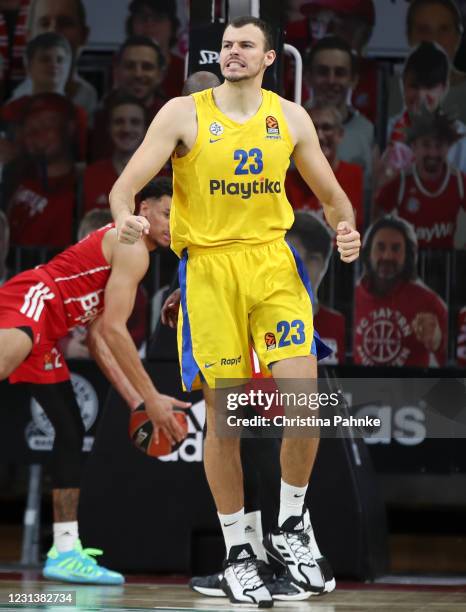 Ante Zizic, #23 of Maccabi Playtika Tel Aviv in action during the 2020/2021 Turkish Airlines EuroLeague Regular Season Round 26 match between FC...