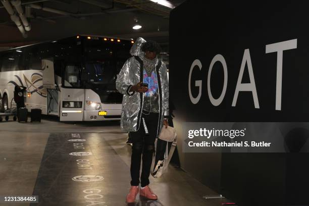 Al-Farouq Aminu of the Orlando Magic arrives to the arena before the game against the Brooklyn Nets on February 25, 2021 at Barclays Center in...