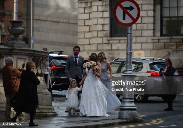 Bride arrives for her wedding service at the City Hall in Dublin during Level 5 Covid-19 lockdown. On Thursday, February 25 in Dublin, Ireland.