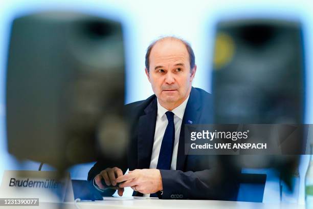 Martin Brudermueller, CEO of German chemicals company BASF, attends the company's annual results presentation on February 26, 2021 in Ludwigshafen,...