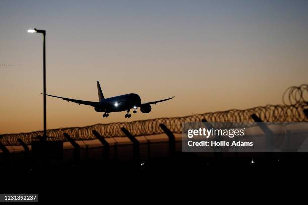 Plane arrives at Heathrow Airport on February 26, 2021 in London, England. Travellers arriving in the UK from February 15 2021 onwards from countries...