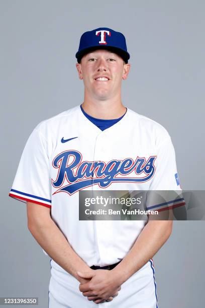 Kolby Allard of the Texas Rangers poses during Photo Day on Tuesday, February 23, 2021 at Surprise Stadium in Surprise, Arizona.