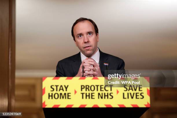 Health Secretary Matt Hancock talks during the Covid-19 briefing at 10 Downing Street on February 26, 2021 in London, England. Earlier today it was...