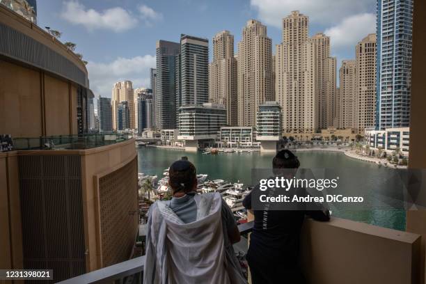 Local Jewish residents and tourists pray during Purim at The Address Hotel Marina in Dubai on February 26, 2021 in Dubai, United Arab Emirates. The...