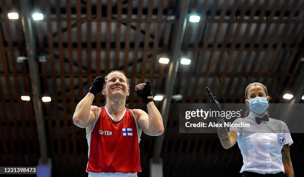 Sofia , Bulgaria - 26 February 2021; Mira Potkonen of Finland is declared victorious over Karina Ibragimova of Kazakhstan during their women's...