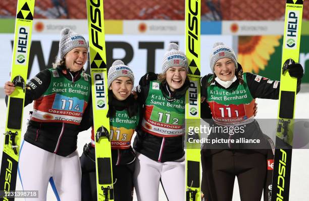 February 2021, Bavaria, Oberstdorf: Nordic skiing: World Championships, ski jumping - team event, women, 2nd round. Norway's third-placed Maren...