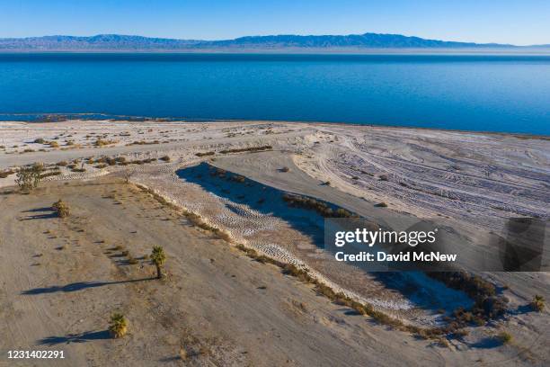 In an aerial view from a drone, abandoned marinas that have became landlocked as the Salton Sea evaporates are seen on February 26, 2021 in Thermal,...