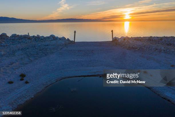 In an aerial view from a drone, abandoned marinas that have became landlocked as the Salton Sea evaporates are seen on February 26, 2021 in Thermal,...