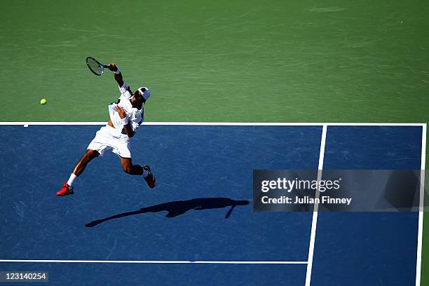 Somdev Devvarman of India serves against Andy Murray of Great Britain during Day Three of the 2011 US Open at the USTA Billie Jean King National...