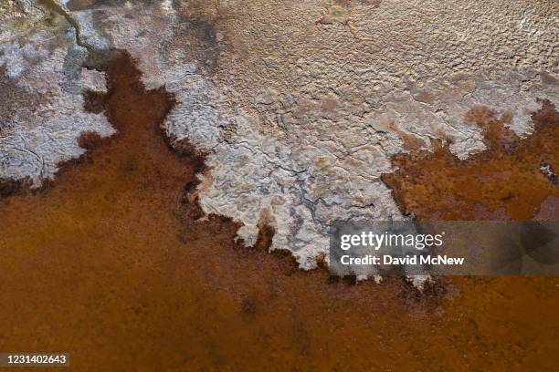 In an aerial view from a drone, abandoned marinas that have became landlocked as the Salton Sea evaporates are seen on February 26, 2021 in Thermal,...