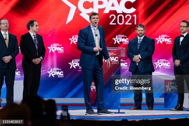 James O'Keefe, founder of Project Veritas, center, speaks during the Conservative Political Action Conference in Orlando, Florida, U.S., on Friday,...