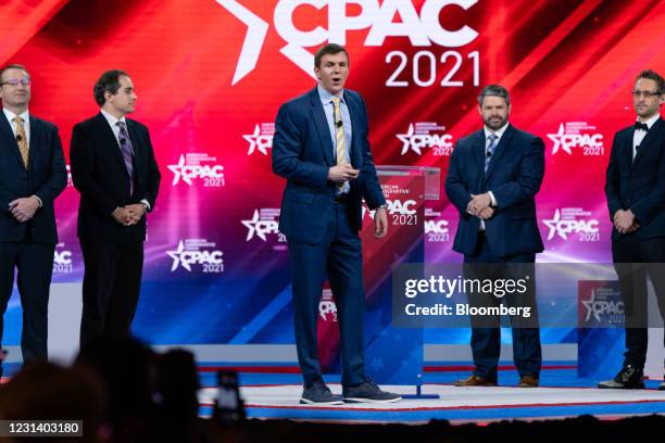 James O'Keefe, founder of Project Veritas, center, speaks during the Conservative Political Action Conference in Orlando, Florida, U.S., on Friday,...