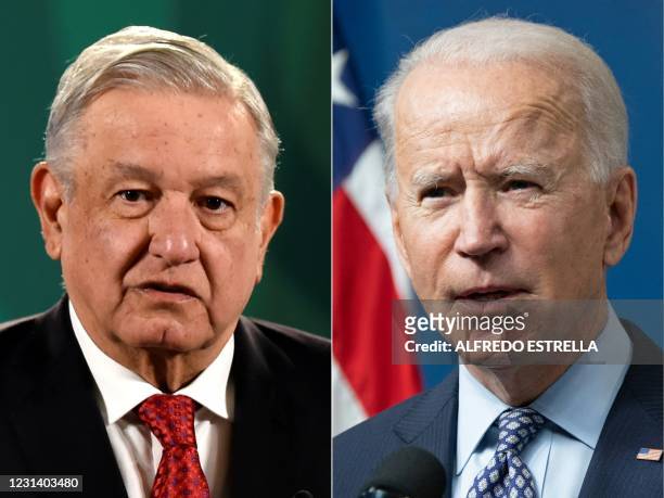 This combination of pictures created on February 26, 2021 shows Mexican President Andres Manuel Lopez Obrador delivers a press conference with the...