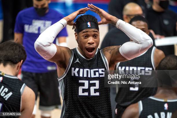 Richaun Holmes of the Sacramento Kings reacts during the fourth quarter against the Detroit Pistons at Little Caesars Arena on February 26, 2021 in...