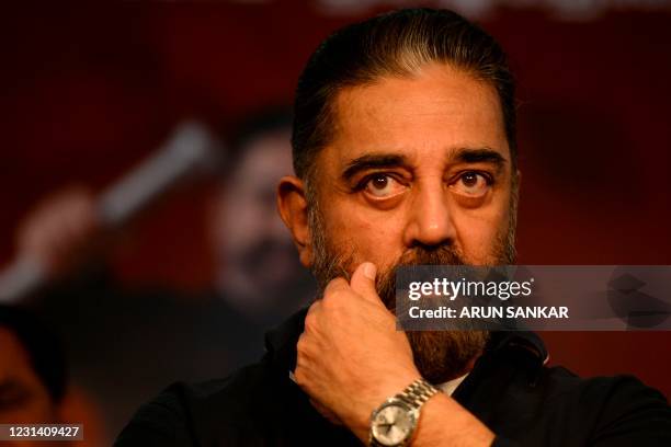 Indian actor turned politician Kamal Haasan, founder of Makkal Needhi Maiam , a regional political party, attends a media briefing ahead of the Tamil...