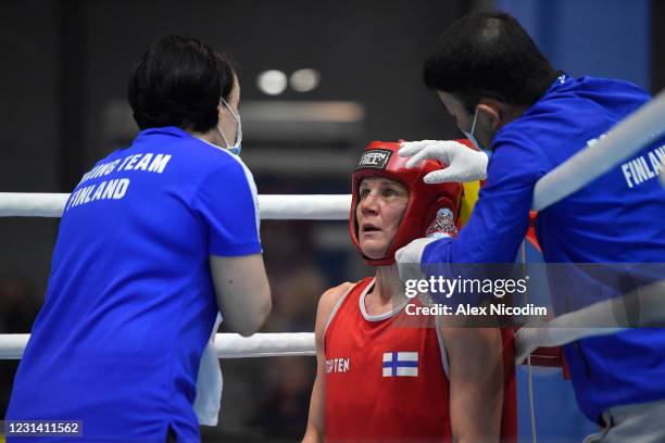 Sofia , Bulgaria - 26 February 2021; Mira Potkonen of Finland during her women's lightweight 60kg semi-final bout at the AIBA Strandja Memorial...