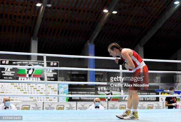 Sofia , Bulgaria - 26 February 2021; Mira Potkonen of Finland following her women's lightweight 60kg semi-final bout against Karina Ibragimova of...