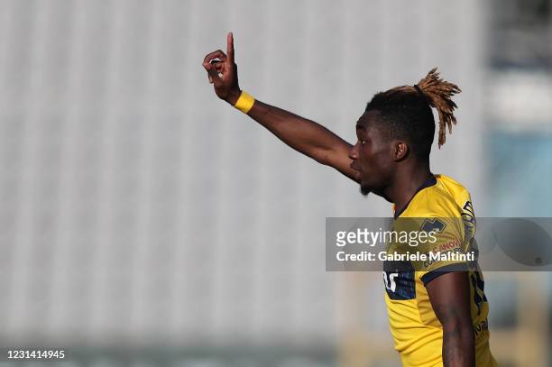 Yann Karamoh of Parma Calcio gestures during the Serie A match between Spezia Calcio and Parma Calcio at Stadio Alberto Picco on February 27, 2021 in...