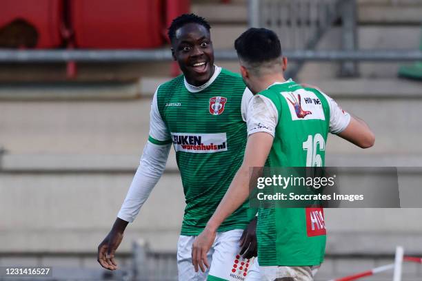 Richie Musaba of FC Dordrecht celebrates with Adnan Ugur of FC Dordrecht during the Dutch Keuken Kampioen Divisie match between FC Dordrecht v...