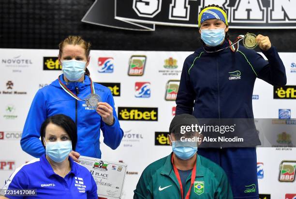 Sofia , Bulgaria - 27 February 2021; Beatriz Ferreira of Brazil, right, with her women's light welterweight 60kg gold medal and Mira Potkonen of...