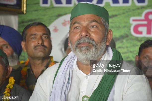 Leader Rakesh Tikait at Ghazipur border during the ongoing protest against the new farm laws, on February 27, 2021 in Ghaziabad, India.