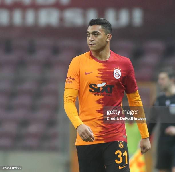 Mostafa Mohamed of Galatasray controls the ball during the Super Lig match between Galatasaray SK and BB Erzurumspor on February 27, 2021 in...