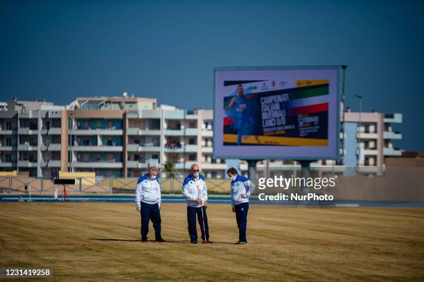 Competition judges during the Italian Winter Long Throw Championship in Molfetta at the &quot;Mario Saverio Cozzoli&quot; Stadium on February 27,...