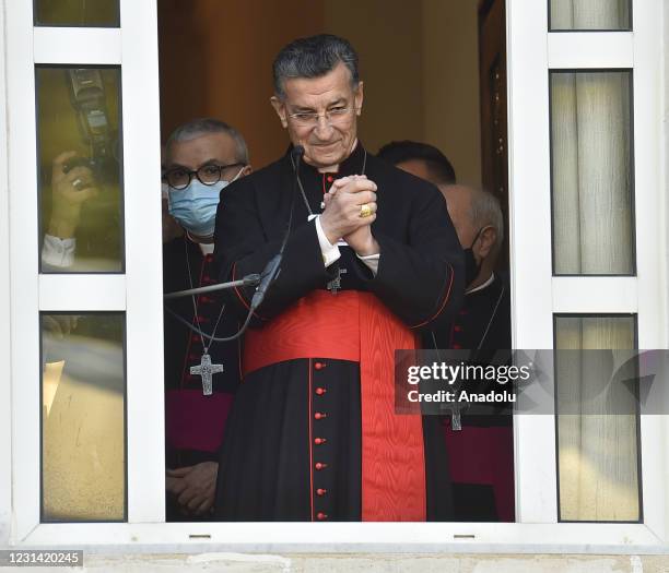 Lebanon's Cardinal Mar Bechara Boutros al-Rahi greets supporters on February 27, 2021 at the Maronite Patriarchate in the mountain village of Bkerki,...
