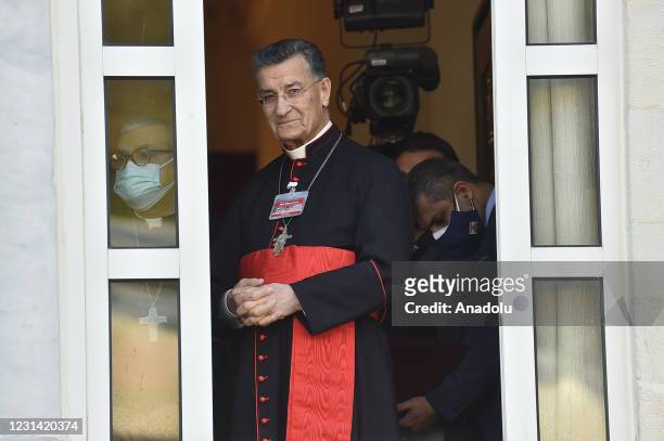 Lebanon's Cardinal Mar Bechara Boutros al-Rahi greets supporters on February 27, 2021 at the Maronite Patriarchate in the mountain village of Bkerki,...
