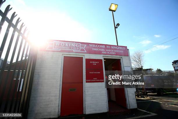General view of Kingfield Stadium players entrance prior to the FA Trophy 1/4 final match between Woking FC and Torquay United at Kingfield Stadium...