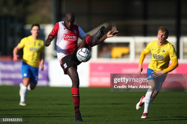 Moussa Diarra of Woking during the FA Trophy 1/4 final match between Woking FC and Torquay United at Kingfield Stadium on February 27, 2021 in...