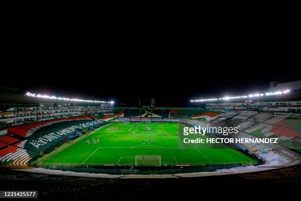 General views shows the empty stadium during the Mexican Clausura 2021 tournament football match between Leon and Cruz Azul at Nou Camp stadium in...