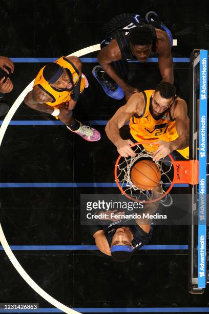 Rudy Gobert of the Utah Jazz shoots the ball during the game against the Orlando Magic on February 27, 2021 at Amway Center in Orlando, Florida. NOTE...