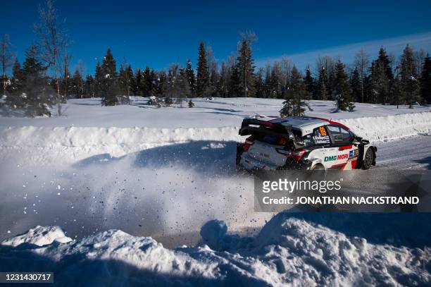 Kalle Rovanpera of Finland and his co-driver Jonne Halttunen of Finland steer their Toyota Yaris WRC car during the 9th stage of the Arctic Rally...