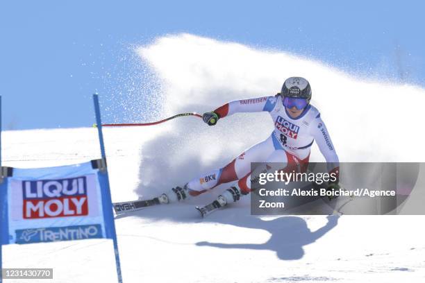 Wendy Holdener of Switzerland in action during the Audi FIS Alpine Ski World Cup Women's Super Giant Slalom on February 28, 2021 in Val di Fassa,...