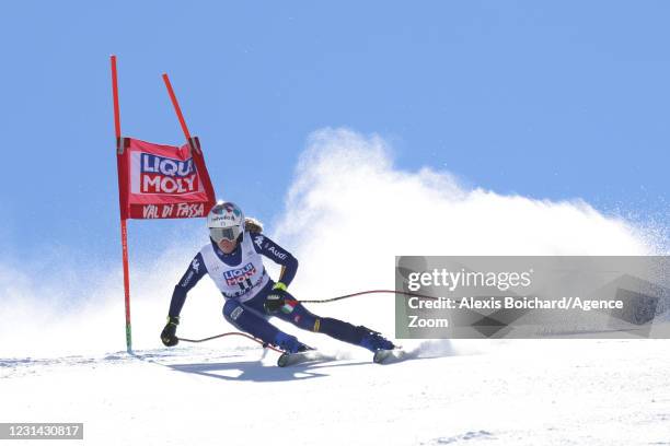 Marta Bassino of Italy in action during the Audi FIS Alpine Ski World Cup Women's Super Giant Slalom on February 28, 2021 in Val di Fassa, Italy.