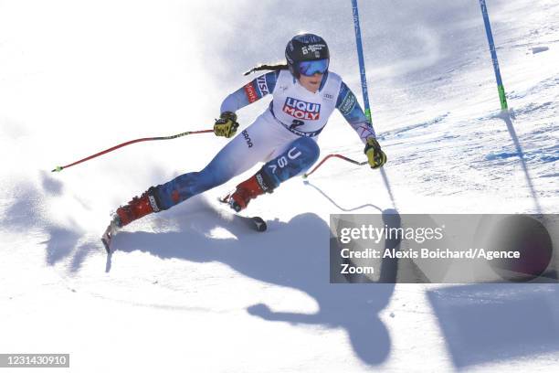 Breezy Johnson of USA in action during the Audi FIS Alpine Ski World Cup Women's Super Giant Slalom on February 28, 2021 in Val di Fassa, Italy.