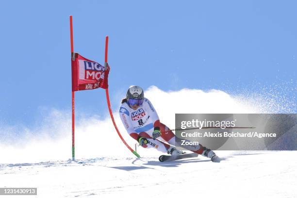 Wendy Holdener of Switzerland in action during the Audi FIS Alpine Ski World Cup Women's Super Giant Slalom on February 28, 2021 in Val di Fassa,...