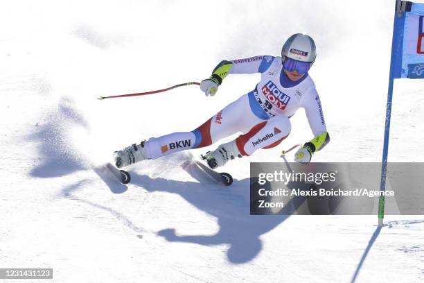 Corinne Suter of Switzerland in action during the Audi FIS Alpine Ski World Cup Women's Super Giant Slalom on February 28, 2021 in Val di Fassa,...