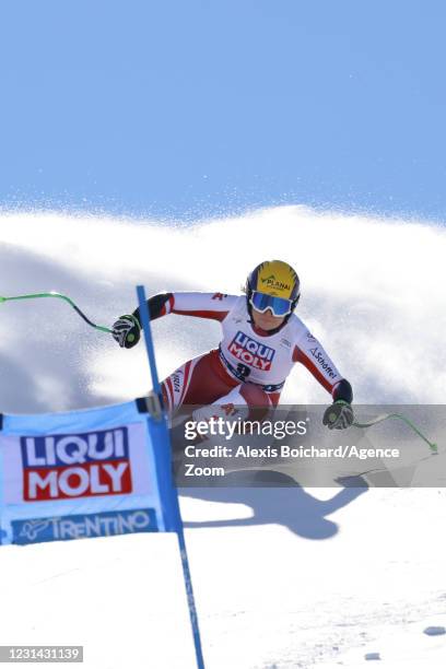 Tamara Tippler of Austria in action during the Audi FIS Alpine Ski World Cup Women's Super Giant Slalom on February 28, 2021 in Val di Fassa, Italy.