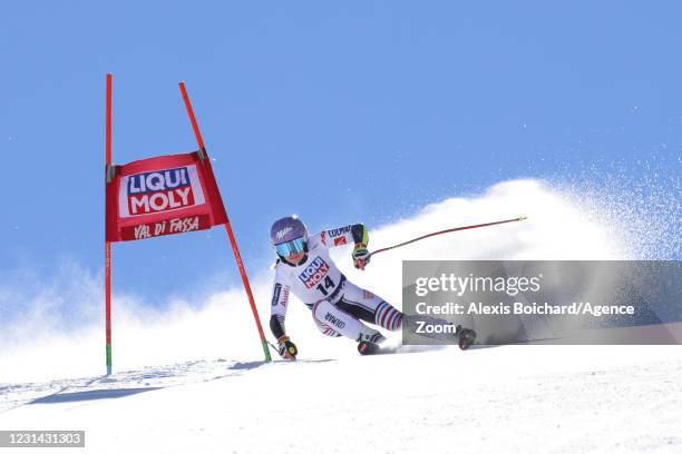 Tessa Worley of France in action during the Audi FIS Alpine Ski World Cup Women's Super Giant Slalom on February 28, 2021 in Val di Fassa, Italy.