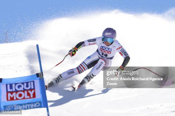 Tessa Worley of France in action during the Audi FIS Alpine Ski World Cup Women's Super Giant Slalom on February 28, 2021 in Val di Fassa, Italy.